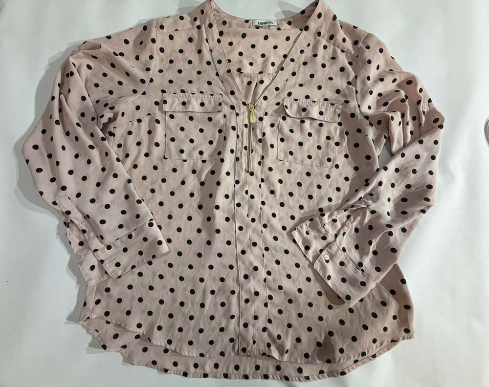 Express Polka Dot Zip Front Long Sleeve Blouse Pink Black Size L